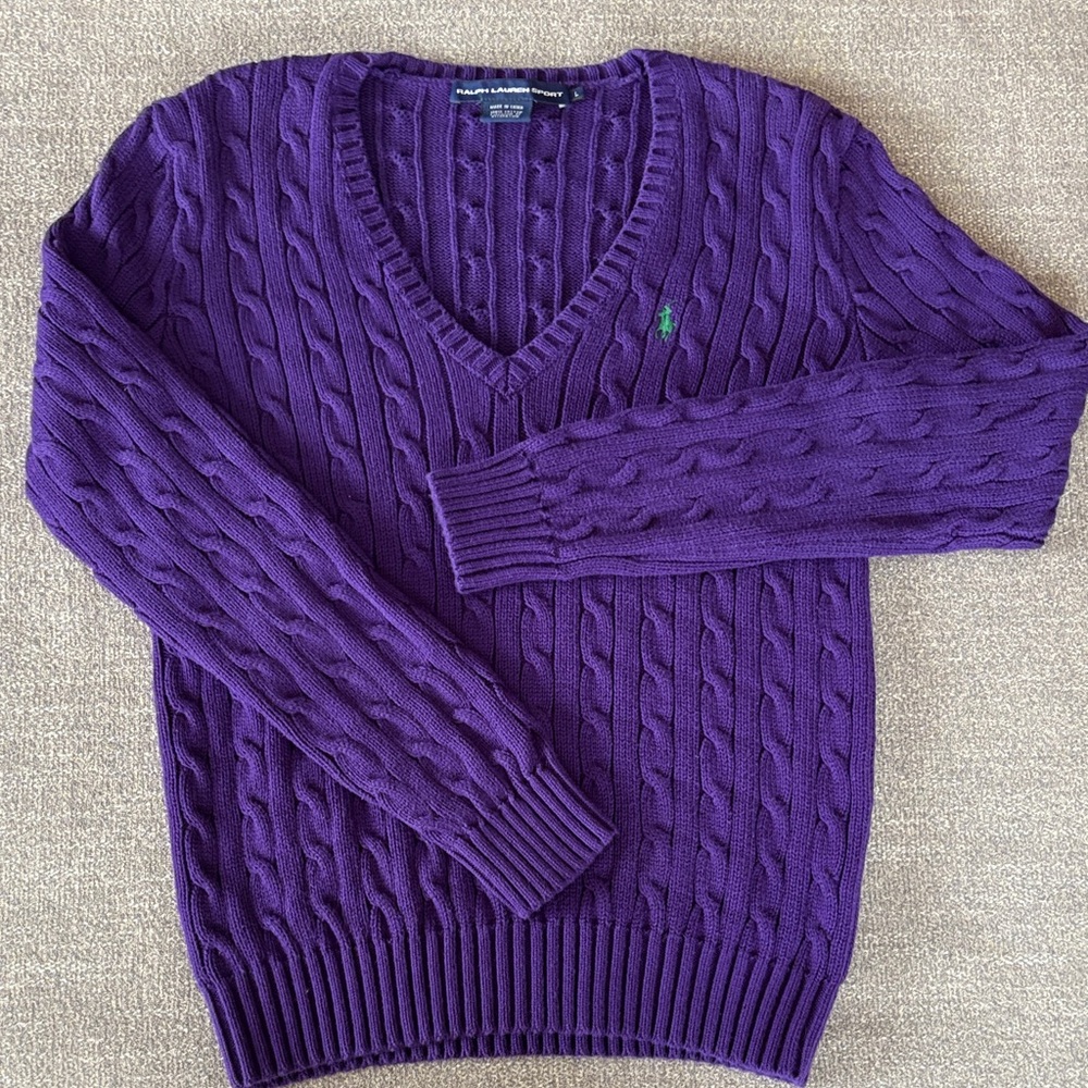 RALPH LAUREN SPORT Vintage 90’s Cotton Cableknit Dark Purple Sweater EUC Large